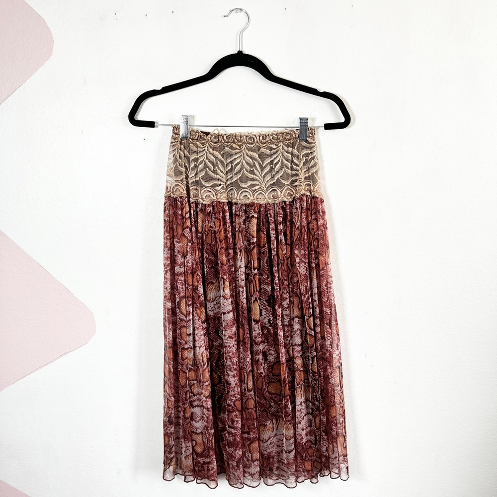 Brown Fairy Maxi Skirt Sz XS Snake Print Festival Boho‎ Romantic Lace Floral